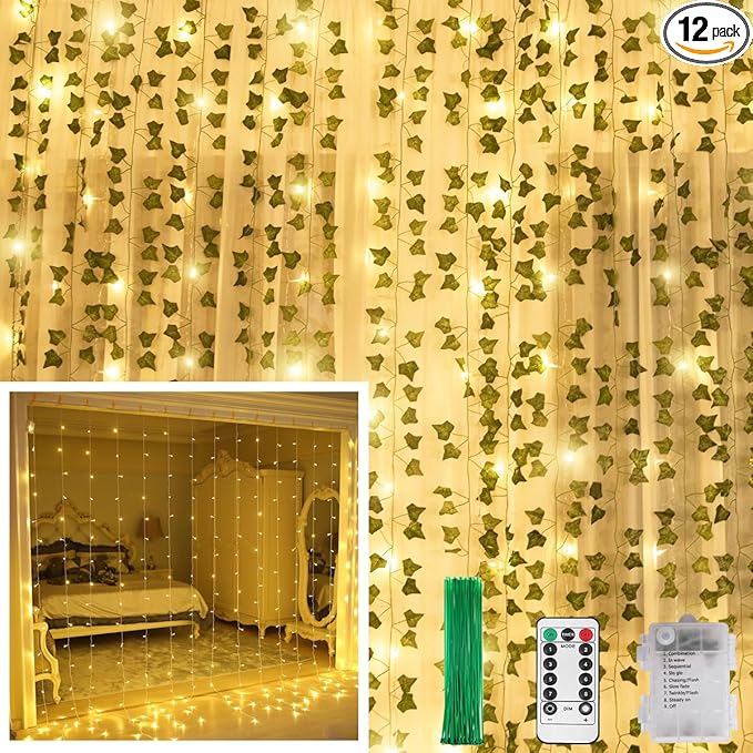KASZOO 12 Pack Artificial Ivy Leaf Plants with 240 LED Window Curtain String Lights, Fake Plants Vine Hanging Garland, Hanging for Wall Party Wedding Room Home Kitchen Indoor & Outdoor Decoration