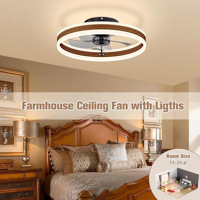 VOLISUN Low Profile Ceiling Fans with Lights and Remote, 19.7in Farmhouse Ceiling Fans with Light Flush Mount, 3000K-6500K Dimmable Fandelier LED Fan Light, Bladeless Ceiling Fans for Bedroom
