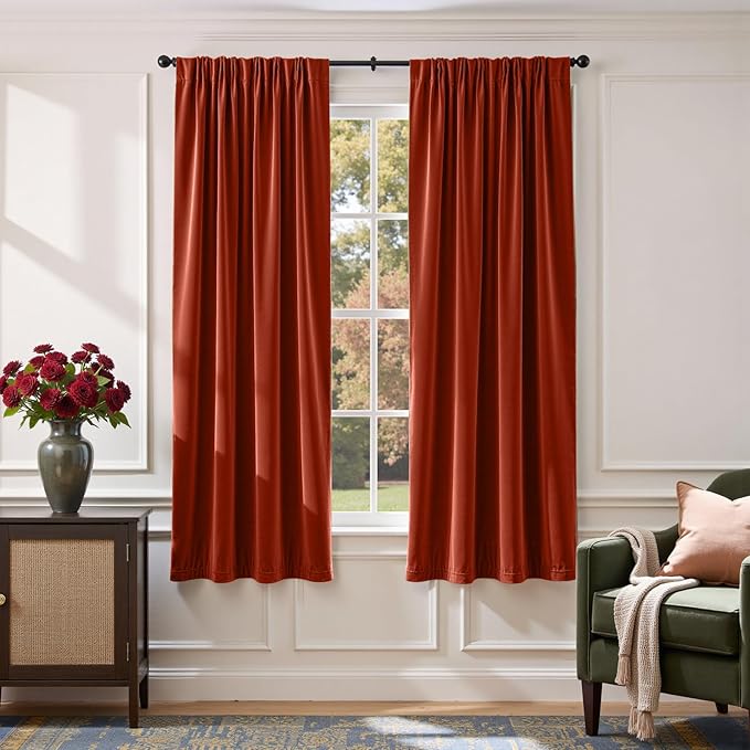 Lazzzy Velvet Blackout Curtains Thermal Insulated Room Window Drapes Super Soft Luxury Curtains for Living Room Bedroom Rod Pocket 2 Panels, Rust Red, 52" W x 72" L