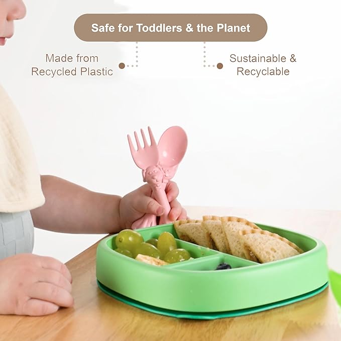 Made in USA Spoon la la Toddler Utensils Set (2 Pack) & Board Book - Spoon & Fork for Kids, Self-Standing 3D Ergonomic Cat & Dog Handles, BPA-free, Dishwasher Safe Baby Silverware (Pink)