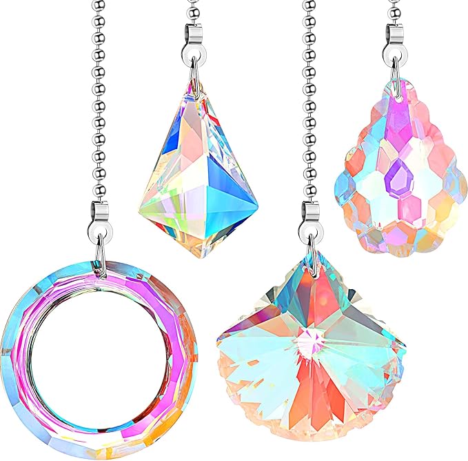 4 Pieces Crystal Ceiling Fan Pull Chain Decorative Rainbow Pull Chain Extension 20 Inch Ceiling Ornament with Ball Connector(Water Drop, Shell, Diamond, Ring)