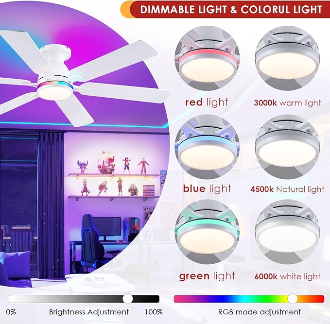 Ceiling Fans with Lights- 52" RGB Low Profile Indoor Ceiling Fan with Light and Remote/APP Control, Flush Mount, 6 Blade, LED Dimmable DC Reversible Modern Ceiling Fan for Bedroom（White）