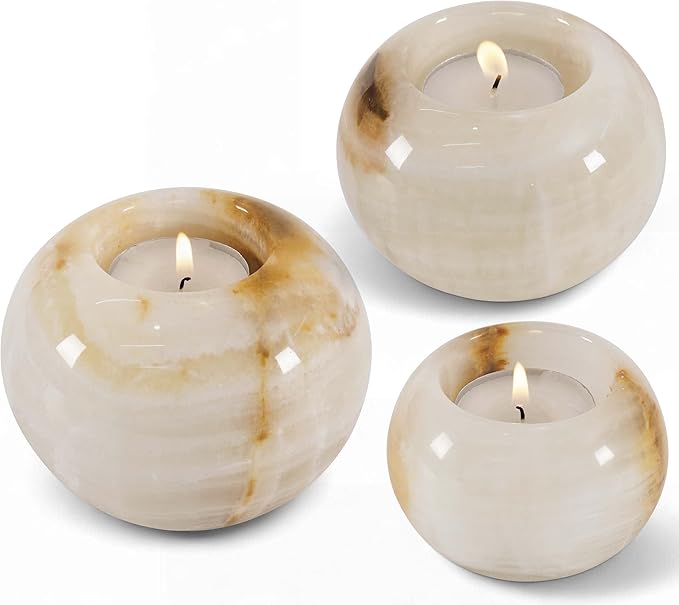 Radicaln Marble Tealight Candle Holder 4" Inch White Onyx Handmade Decorative Votive Candle Holder for Wedding Centerpieces, Elegant Set of 3 Mini Candle Holders for Living Room