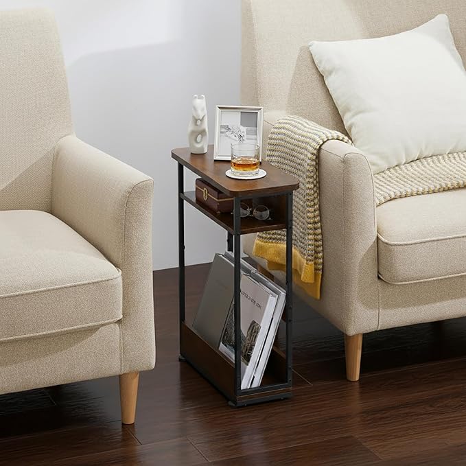 Narrow Side Table,3-Tier Slim End Table with Storage Shelf,Modern Sofa Table Thin Side Table for Narrow and Small Spaces, Skinny Bedside Table Small Nightstand with Magazine Rack Space Saving/Brown