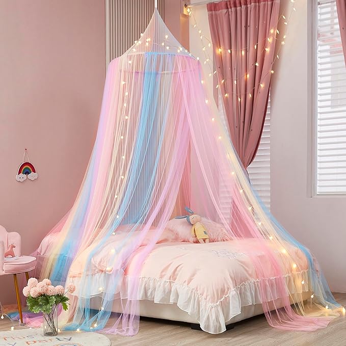 Rainbow Bed Canopy with Lights - Mosquito Netting for Twin, Single, Full, Queen & King Size Beds - Decor for Girls' Rooms