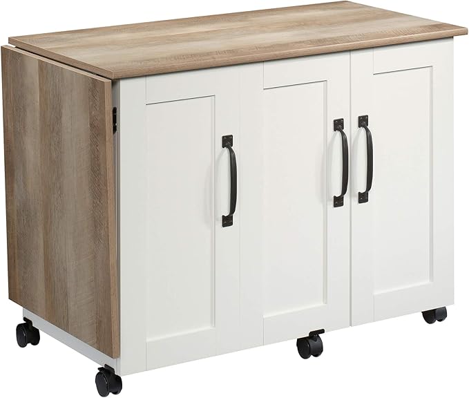 Sauder Miscellaneous Storage Sewing Cart, Drop-Leaf Craft Table, Sewing Table with Storage - Soft White Finish