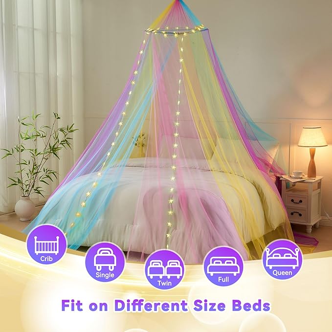 Obrecis Bed Canopy with Lights, Rainbow Bed Canopy for Girls Princess,Canopy Bed Curtains Bedroom Decor for Girls,Fits Single, Twin, Full, Queen Size Kids