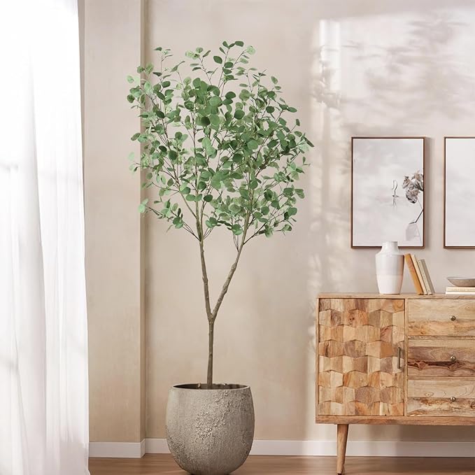 Faux Eucalyptus Tree 7ft(82in) Artificial Potted Tree for Indoor Decor Large Realistic Potted with Silk Leaves and Natural Wood Trunk for Home Living Room,Office Foyer,Porch Decor.