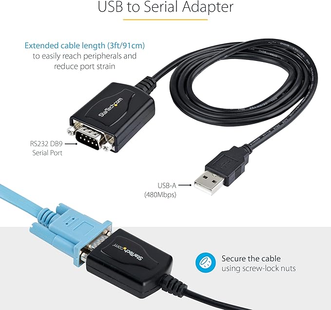 StarTech.com 3ft (1m) USB to Serial Cable with COM Port Retention, DB9 Male RS232 to USB Converter, USB to Serial Adapter for PLC/Printer/Scanner, Prolific Chipset, Windows/Mac (1P3FPC-USB-SERIAL)