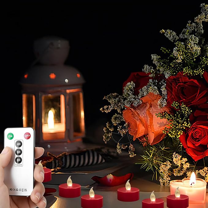 Tea Light Candles with Remote Control,Flickering Flameless LED Candle,Long Lasting 400+Hours,Battery Operated with Timer for Home Decoration Seasonal &Festival Celebration(12pcs Red)
