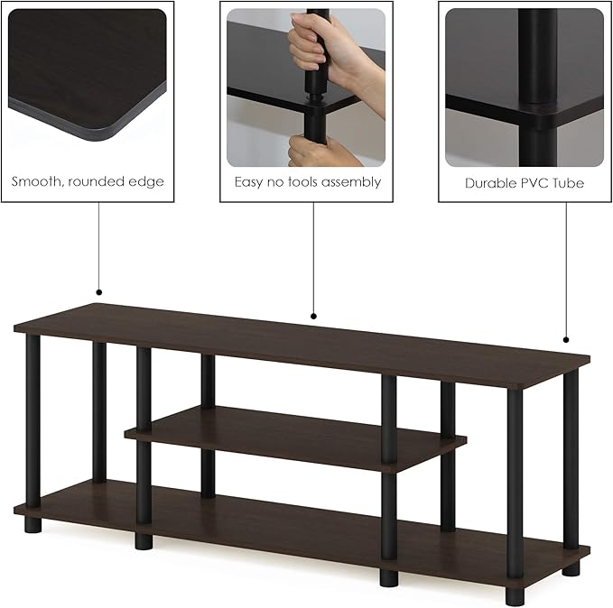 Furinno Turn-N-Tube No Tools 3D 3-Tier Entertainment TV Stand up to 50 inch TV, Round Tubes, Dark Brown / Black