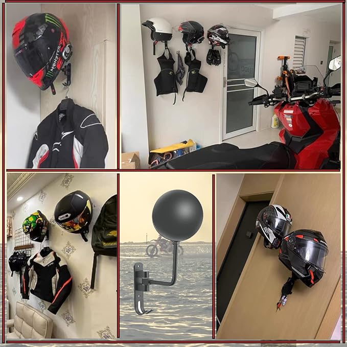 SANGMO Grey 180° Motorcycle Helmet Rack, Rotation Metal Helmet Holder Wall Mount, Helmet Holder Bike with 2 Hooks Helmet Hanger for Motorcycle Bike Coats, Caps, Baseballs, Rugby Helmet
