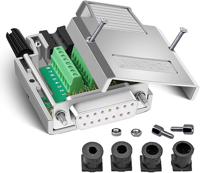 DB15 Solderless Serial to 15-pin Port Terminal Adapter Connector Breakout Board with Case Long Bolts Nuts (Female Metal)