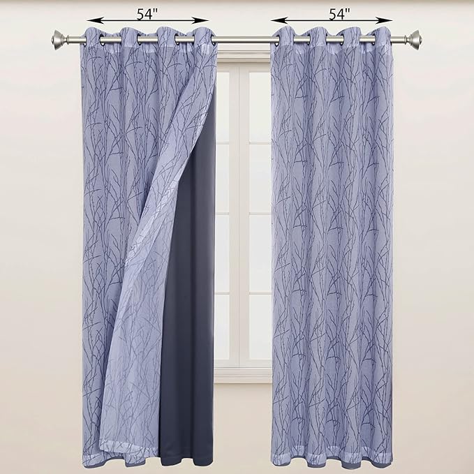 BONZER Mix and Match Curtains - 2 Pieces Branch Print Sheer Curtains and 2 Pieces Blackout Curtains for Bedroom Living Room Grommet Window Drapes, 54x108 Inch/Panel, Grey Dark, Set of 4 Panels