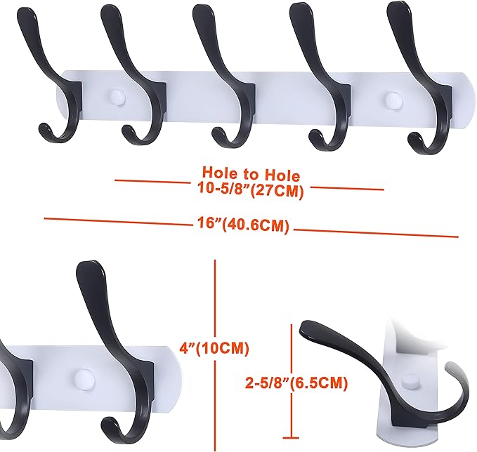 SKOLOO Modern Metal Wall Coat Rack with 5 Hooks - Sturdy Wall Hook Rack for Hanging Coat, Jacket, Clothes, Hat, Black on White