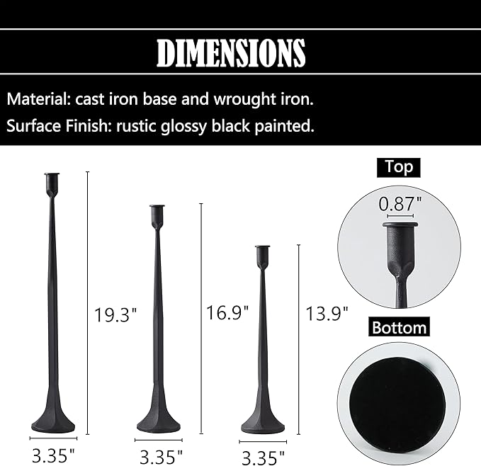 Denique Iron Taper Candle Holder Set of 3, Black Candlestick Holders 19.3”17” 14” Heightening Decorative Candle Stand Set for Wedding, Dining Table, Home Decoration (Black)