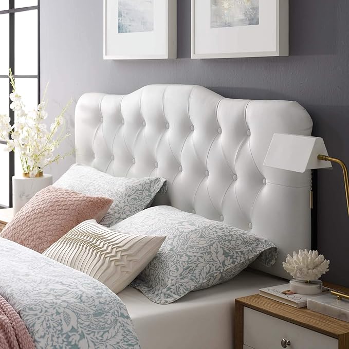 Modway Annabel Tufted Button Faux Leather Upholstered Queen Headboard in White