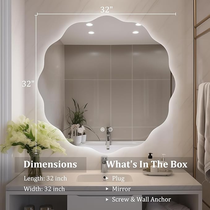 WallBeyond LED Bathroom Mirror with Lights, 32'' Wavy Round Light Up Bathroom Mirror, Anti Fog Led Mirror for Bathroom, 3 Colors and Dimmable Light