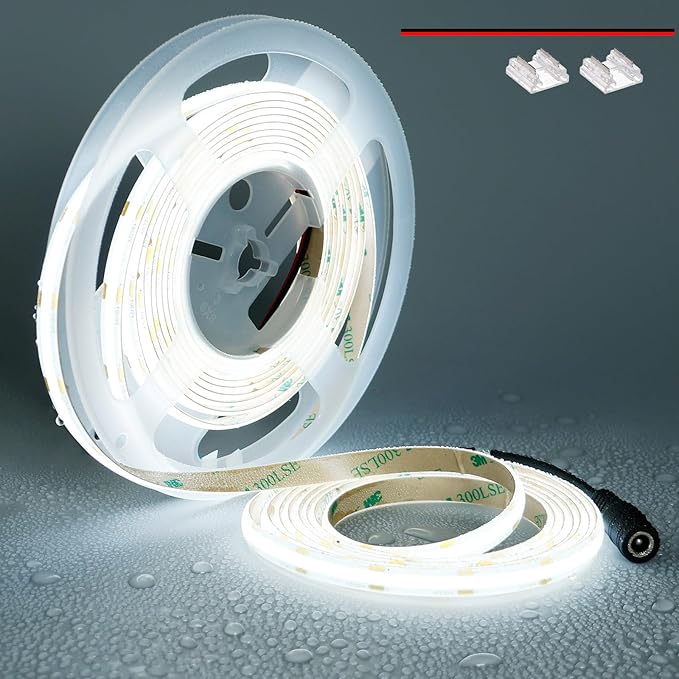 TOPAI 12V COB LED Strip Light 6000K Cool White Waterproof IP65 480LEDs/M Super Bright 4000Lm CRI>90 16.4ft/5M Self Adhesive Dotless Cuttable Flexible for Bedroom Cabinet DIY Lighting