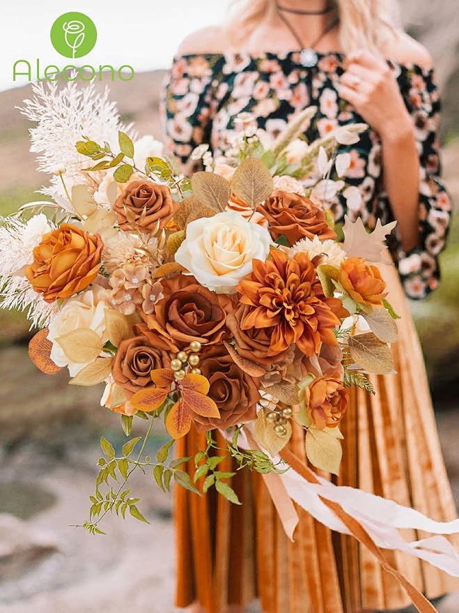 Alecono Artificial Flowers, Orange Fake Flowers for DIY Fall Wedding Bouquets, Wedding Cake Flowers for Table Centerpieces Baby Shower Birthday Party Home Decorations
