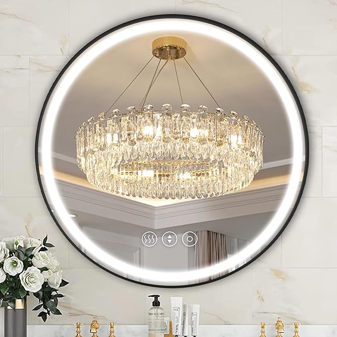 32 Inch Round Led Mirror, Bathroom Mirror with Lights, Black Metal Framed Frontlit Circle Mirrors for Wall with Anti-Fog, Memory Function, 3 Color Temperature, Dimmable Makeup Mirror