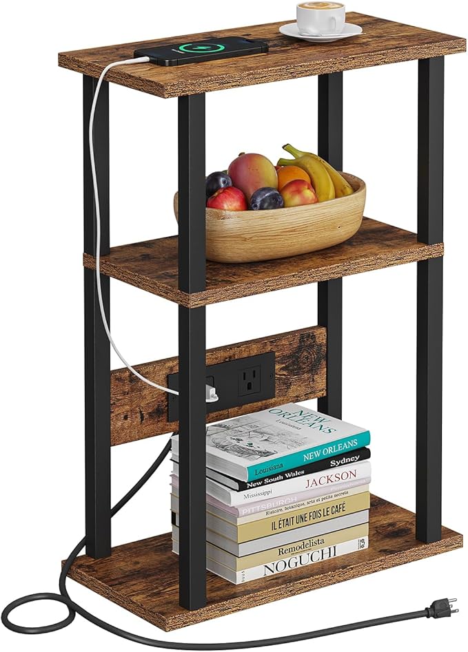 Narrow Side Table with Charging Station, 2 Set Skinny End Tables for Small Spaces, Sofa Beside-Table with Storage Shelf, Slim Nightstand with USB Ports Outlet, Couch Tables Rustic Brown UTBT003F2