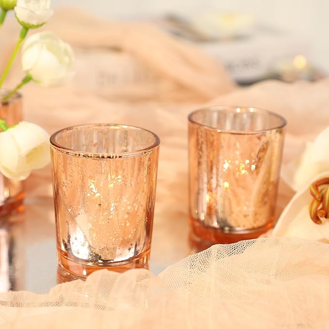 24 Pcs Rose Gold Votive Candle Holders, Speckled Mercury Rose Gold Glass Candle Holder Bulk for Wedding Centerpiece Table Decor, Tea Lights Candle Holder for Valentines Day Decor, Home Decor
