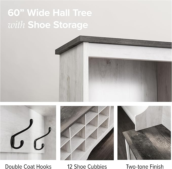 Prepac Farmhouse Washed White Hall Tree, Shoe Cabinet, Storage Cabinet with 12 Shoe Cubbies, 2 Boot Cubbies and 6 Double Coat Hooks 15.5" D x 60" W x 77" H