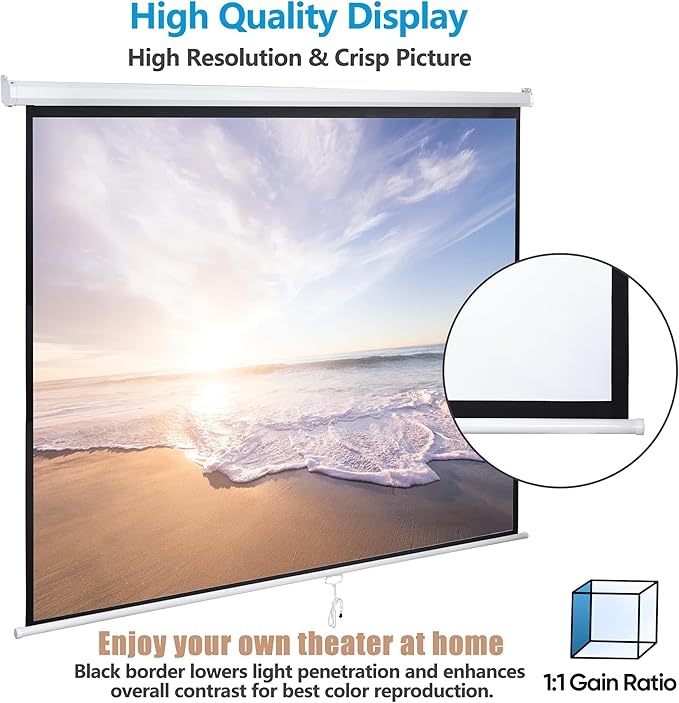 120 Inch Projection Screen Outdoor Indoor 1:1 HD Foldable Manual Pull Down Projector Screen for Movie Home Backyard Theater Cinema Office Video Game, White