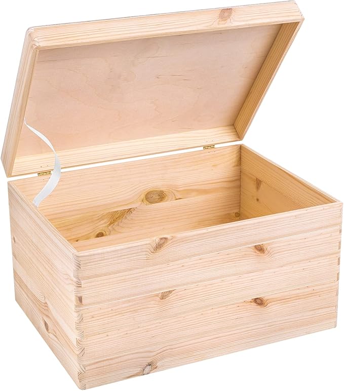 XXL Large Plain Wooden Box Storage Hinged Lid | 15.8x11.8x9.44 inches (+-0.5) | Unpainted Gift Box Tool Dog Toy Clothes Kitchen Storage Document | Rough & UNSANDED Wood Keepsake Chest