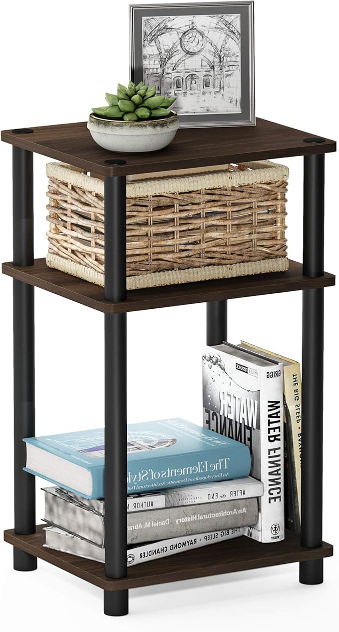 Furinno Just 3-Tier Turn-N-Tube End Table / Side Table / Night Stand / Bedside Table with Plastic Poles, 2-Pack, Columbia Walnut/Black