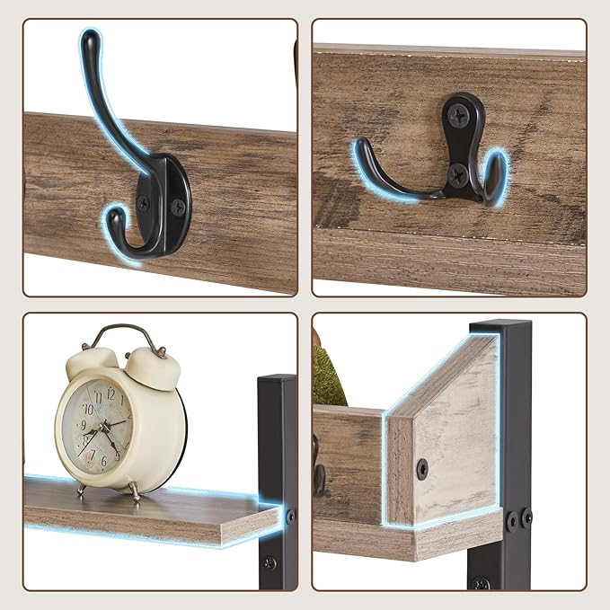 YMYNY 31.5" Coat Rack Wall Mount with Shelf, 4 in 1 Key and Coat Hanger with 12 Metal Hooks, Wall Shelf with Hooks & Mail Holder for Living Room, Bedroom, Silver Gray, HWS007Y-2