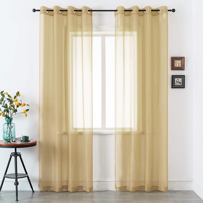 DUALIFE Tan Beige Sheer Curtains with Grommet,Look Semi Natural Taupe Sheer Windows Panels,Elegant Solid Color Touch Soft Drapes, 52X96 Inch for Living Room Bedroom,Set of 2 Panels Khaki