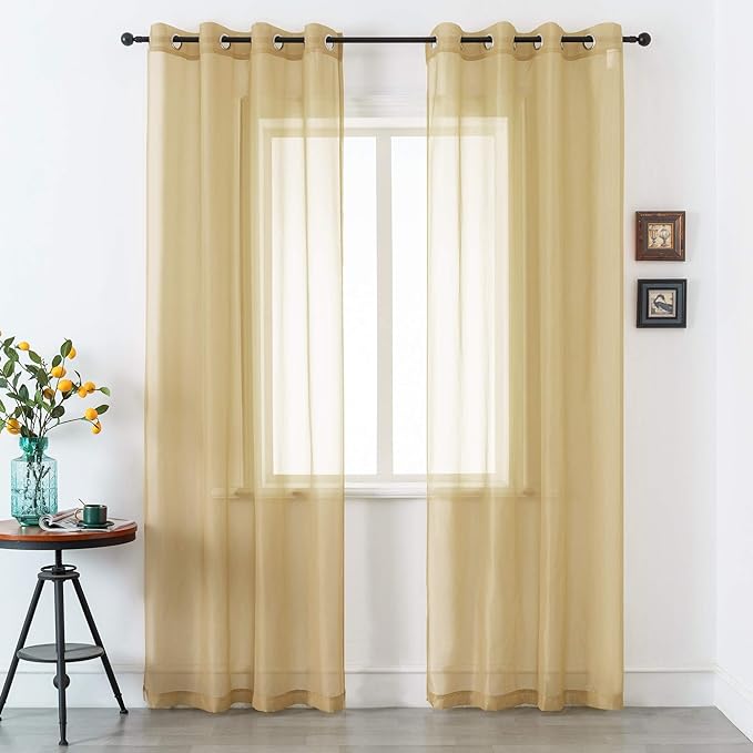 DUALIFE Tan Beige Sheer Curtain 120 Inch Length Light Brown Semi Voile Sheer Curtains Drapes for Living Room and Bedroom Window Treatments 2 Panels 52x120 Inches Long Natural Taupe