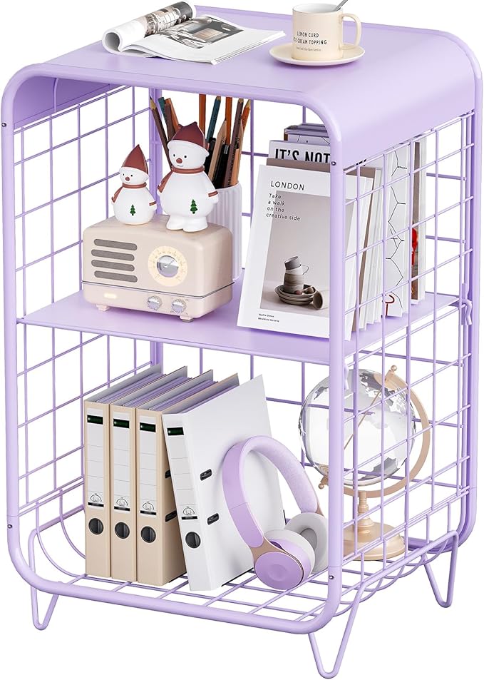 APEXCHASER Cute Kids Nightstand,Metal Side Table,3 Tier End Table with Storage,Vintage Bedside Table,Girls Bedroom Furniture,Coffee Table for Living Room,Bedroom,Dorm,Purple