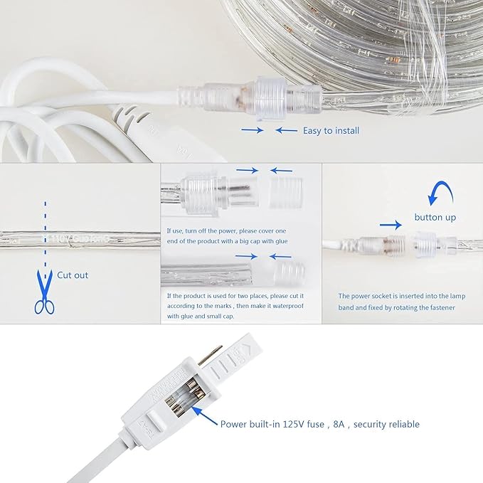 GouTonG LED Rope Lights,110V,Waterproof,Connectable, Power Socket Connector Fuse Holder, Indoor/Outdoor Use, Ideal for Backyards, Decorative Lighting (White, 131.2FT)
