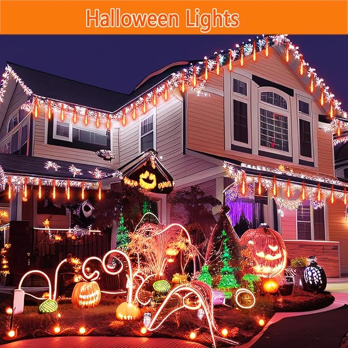 Kwaiffeo Halloween Yard Decorations: 16-Tube Meteor Shower Lights for Front Yard Halloween Fall Outdoor Decor, Equivalent to 2 Sets of 8-Tube, UL Plug