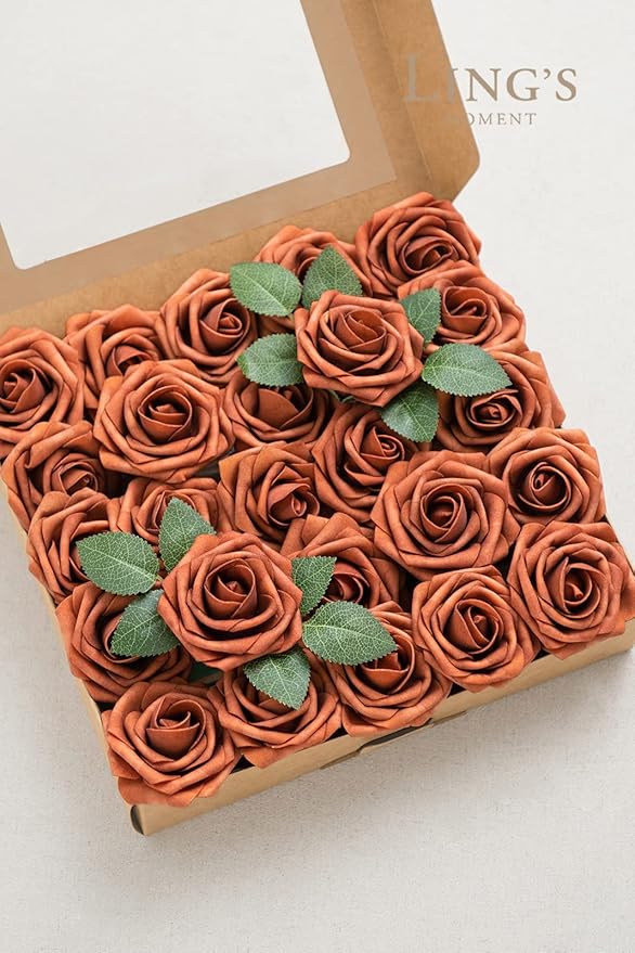 Ling's moment Fall Artificial Flowers 25Pcs Burnt Orange Roses Decor w/Stems,3" Real Touch DIY Foam Floral for Wedding Bouquet/Centerpieces, Outdoors Party Backdrop, Room/Table, and Garden/Pot Decor