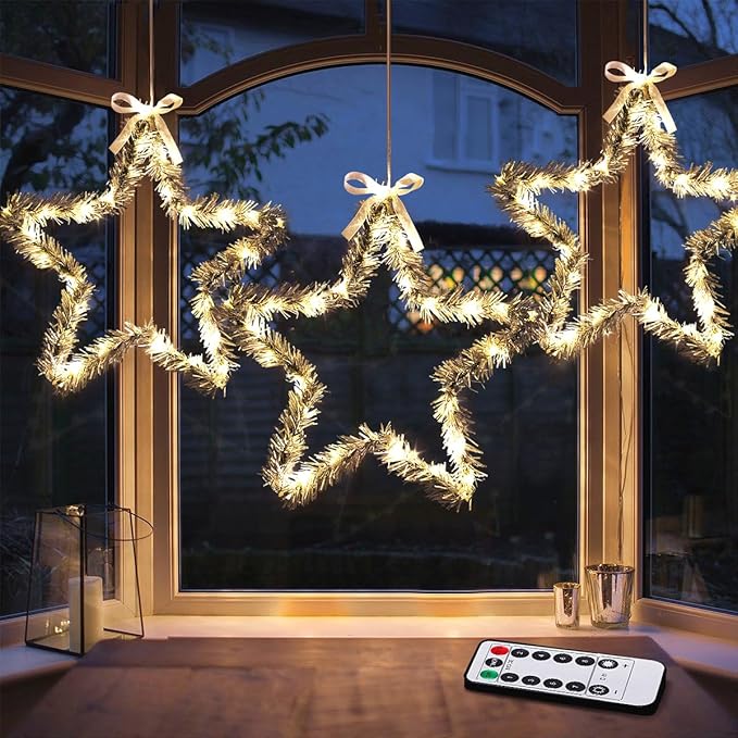 MAOYUE Christmas Window Lights 3 Pack Christmas Star Lights with Snow Pine Leaves Battery Operated Christmas Lights for Outdoor Christmas Decorations, Window, Indoor, Door, Porch, Party, Warm White