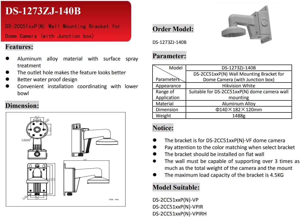 WMS WML DS-1273ZJ-140B PC140B PT6 Outdoor Indoor Wall Mount Bracket for Hikvision Dome Camera, White