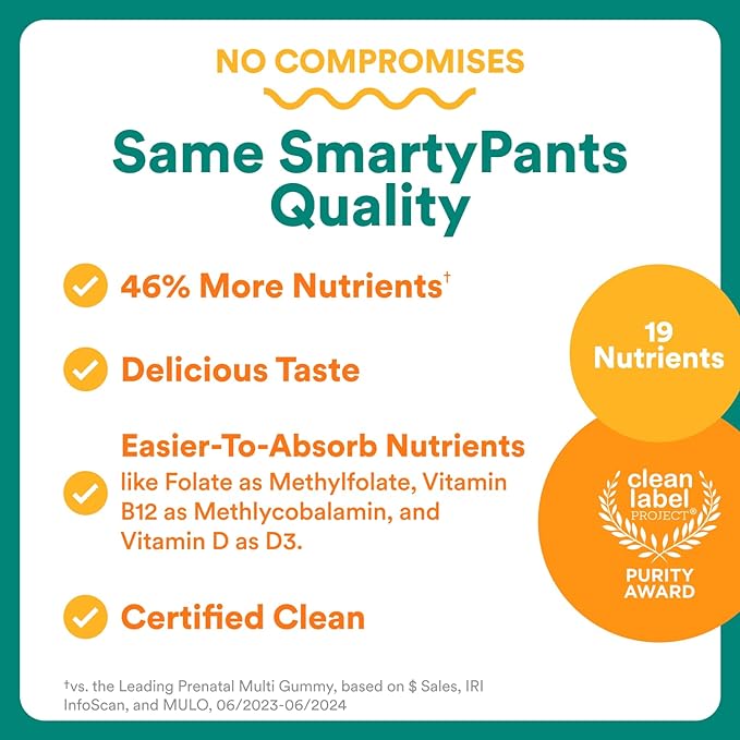 SmartyPants Prenatal Multivitamin Gummies - Improved Formula: Omega 3 (DHA/EPA), Methylfolate, Biotin, Vitamin D3, C, Vitamin B12, B6, Vitamin A, K & Zinc, Gluten Free, 90 Count (30 Day Supply)