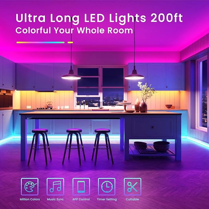 TJOY 200ft Led Strip Lights(2 Rolls of 100ft), Color Changing RGB Led Lights for Bedroom, Long Tape Lighting with 44 Key Remote, Rope Lighting Indoor for Living Room Decor