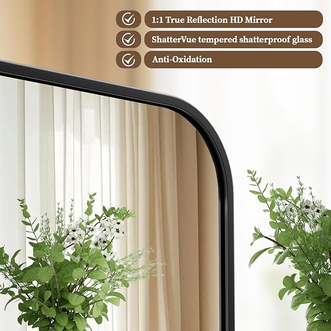 BEAUTYPEAK Black Rectangular Bathroom Mirror - 30" x 48" Wall Mounted Aluminum Alloy Frame Mirror with Rounded Corners for Bedroom Living Room, Horizontal or Vertical