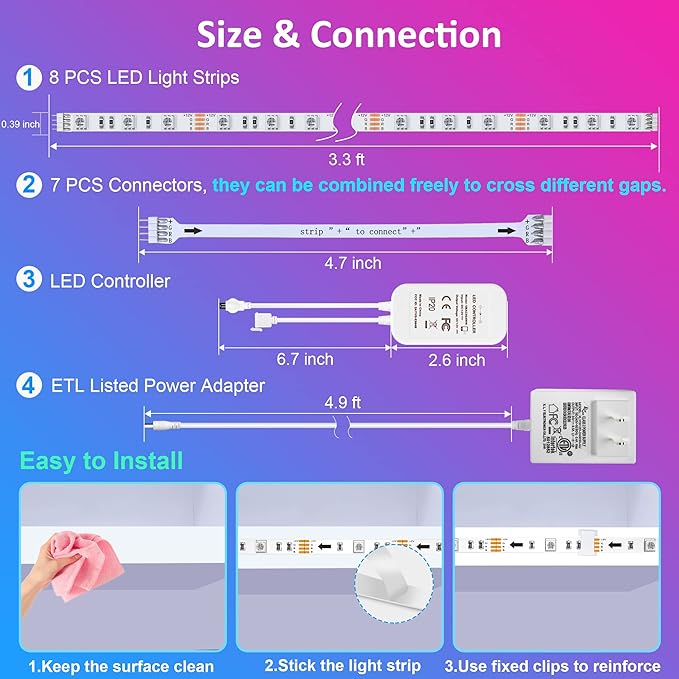 maylit 8 PCS 3.3FT Smart RGB Under Cabinet Lights Kit, Work with Alexa and Google Assistant, App and Remote Control, Music Sync Color Changing, Timer, Dimmable, for Cabinet, Counter, Shelf, Bookcase