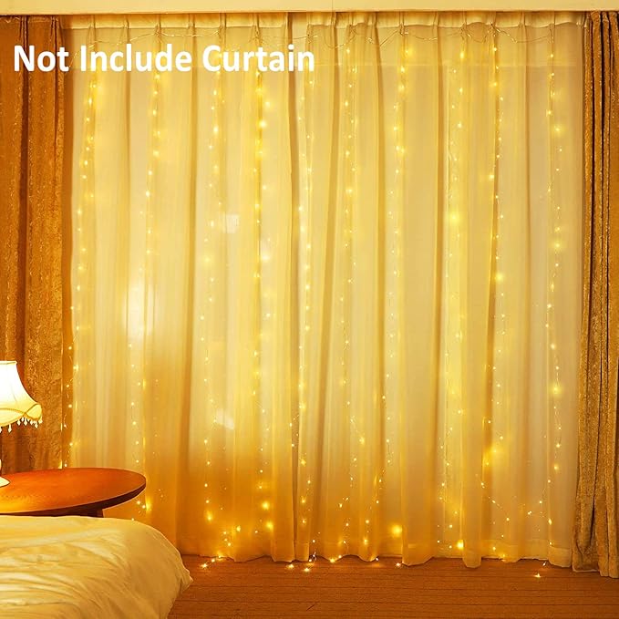 Meliven 300 LED Curtain Lights 9.8Ftx9.8Ft, 8 Modes Fairy Lights Curtain with Remote, Timer, Dimmable, USB Powerd, Warm White Backdrop Light for Wedding, Party, Home, Bedroom Decorations