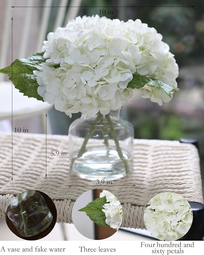 Real Touch Artificial Flowers Whith White Hydrangea in Vase for Home Decoration, Fake Flowers Centerpieces for Tables, Lifelike Fake Hydrangea in Vase for Bathroom, Office and Water Bar
