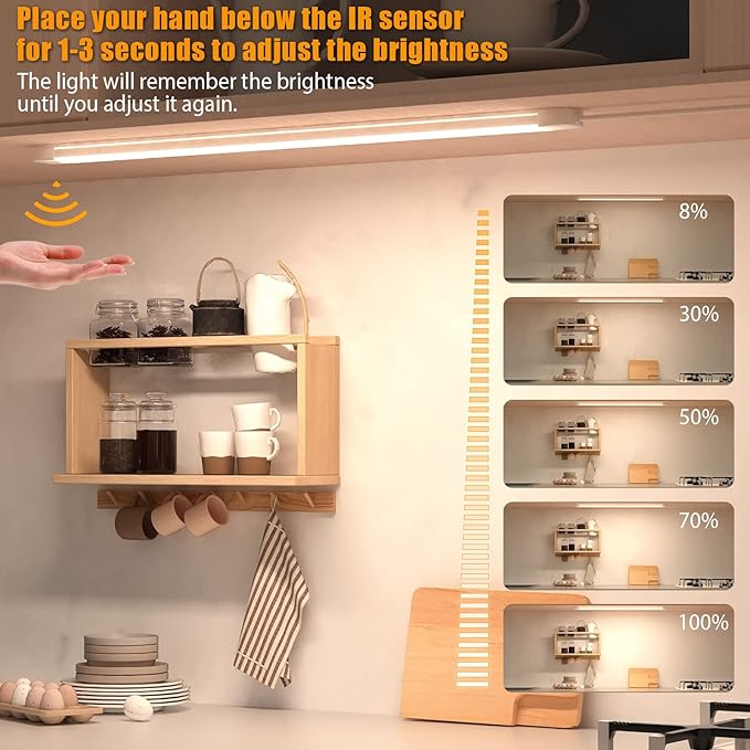 2pcs Hand Wave Under Cabinet Lights, 16" Under Counter Lighting with Dimmable and 4000K Natural White,Plug and Play,LED Lights for Kitchen Cabinet, Cupboard, Closet, Desk