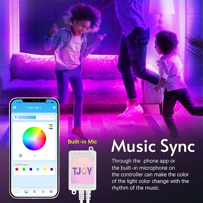 TJOY 65.6ft Kids Bluetooth LED Strip Lights, Music Sync Tape Lighting RGB Color Changing Lighting with Penguin Style Remote, APP Control, LED Lightis for Bedroom, Room DIY (APP+Remote+Mic)