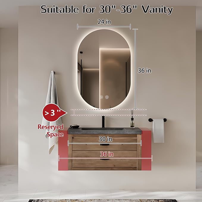 36" x 24" Oval LED Mirror for Bathroom, Backlit Vanity Mirror with Lights, Frameless Smart Wall Mirror, 3 Colors Stepless Dimmable, Anti-Fog, Shatterproof, Memory, CRI95+(Horizontal/Vertical)