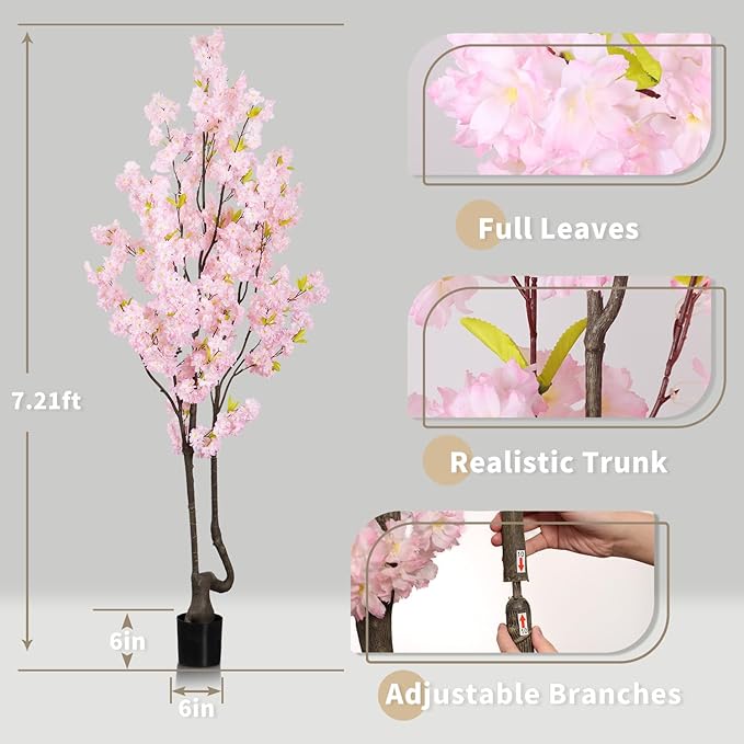 7.2ft Tall Pink Faux Cherry Blossom Tree for Home Decor, Likelike Artificial Silk Flower Cherry Branches Tree Indoor Outdoor, Sakura Tree Realistic Fake Flowering Plant for Living Room Wedding Office